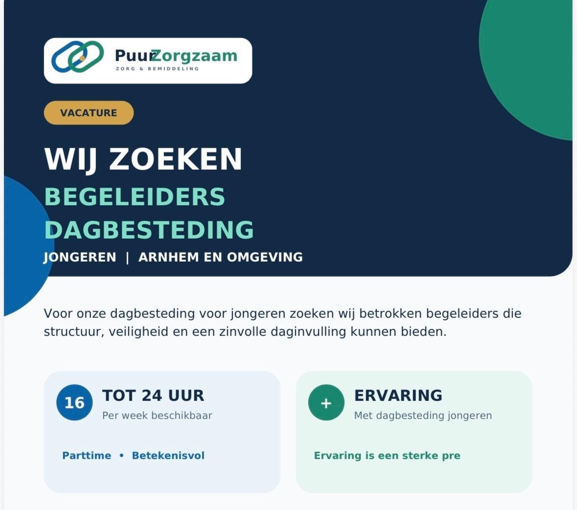 Vacature begeleiders dagbesteding jongeren Arnhem en omgeving – Puur Zorgzaam