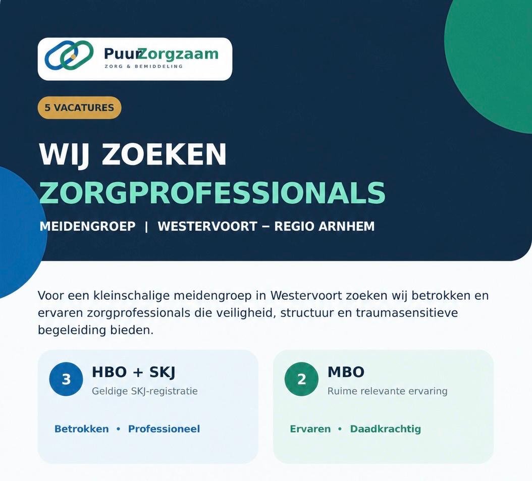 Vacature 5 zorgprofessionals meidengroep Westervoort, regio Arnhem – Puur Zorgzaam